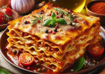 Lasaña tradicional con verduras a su alrededor